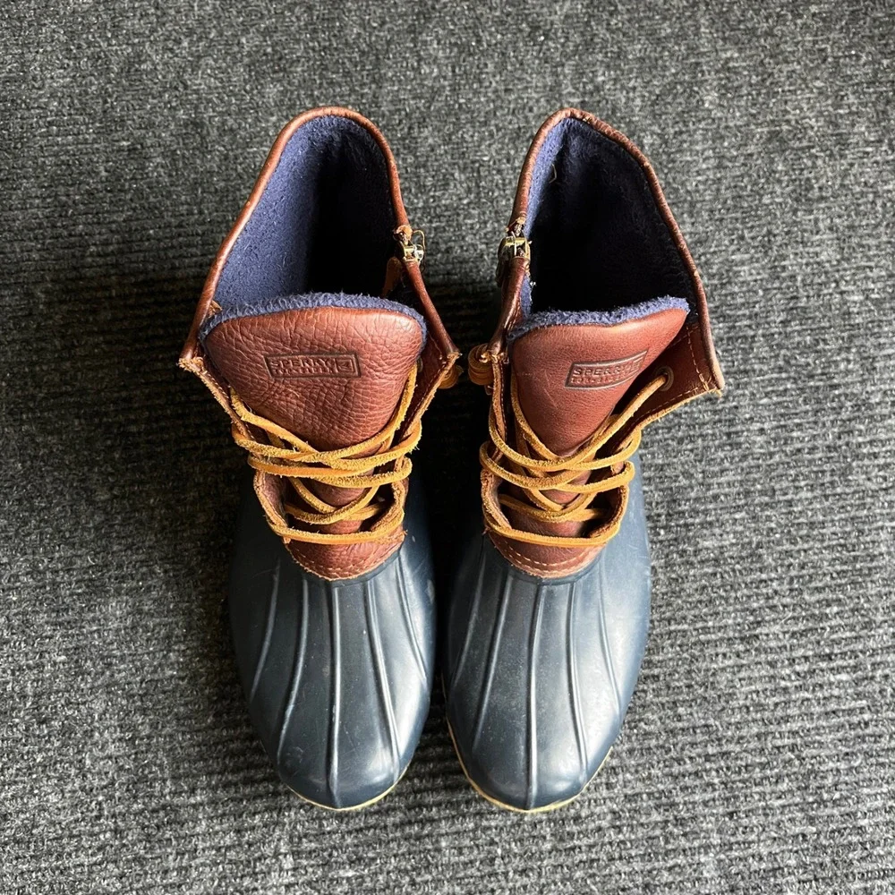 Sperry Saltwater Duck Boot Womens 9.5 Navy Brown Leather Waterproof  rain winter